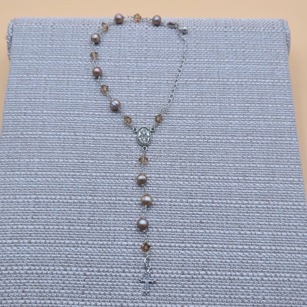 7 + 3 Inch Sterling Silver Genuine Pearl Rosary Chain Bracelet A5083